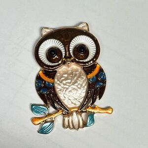 Owl Brooch- Blue & Brown Accent enamel paint on shiny gold tone base,